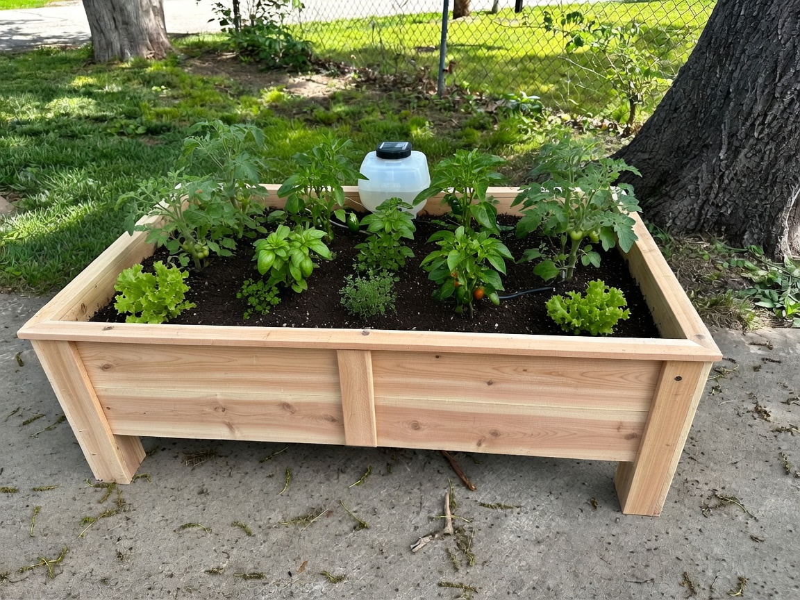 4x2 cedar raised garden bed planted with vegetables and herbs as part of Garden as a Service