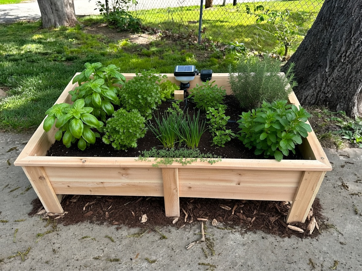Lush herb-focused planted cedar raised bed showing professional installation and healthy growth