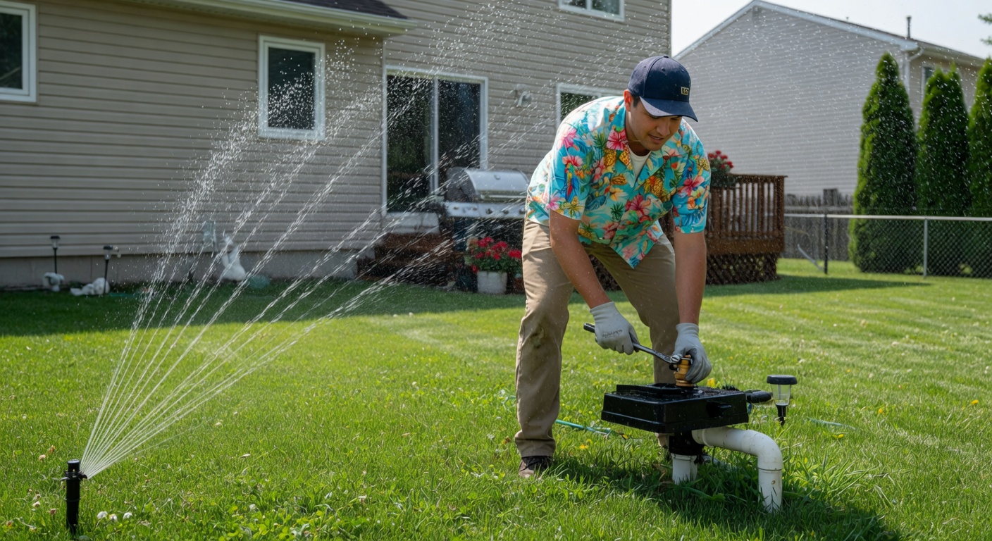 Trail Cutter Services technician in khaki pants and Hawaiian shirt installing irrigation on a residential lawn, with sprinkler spray visible