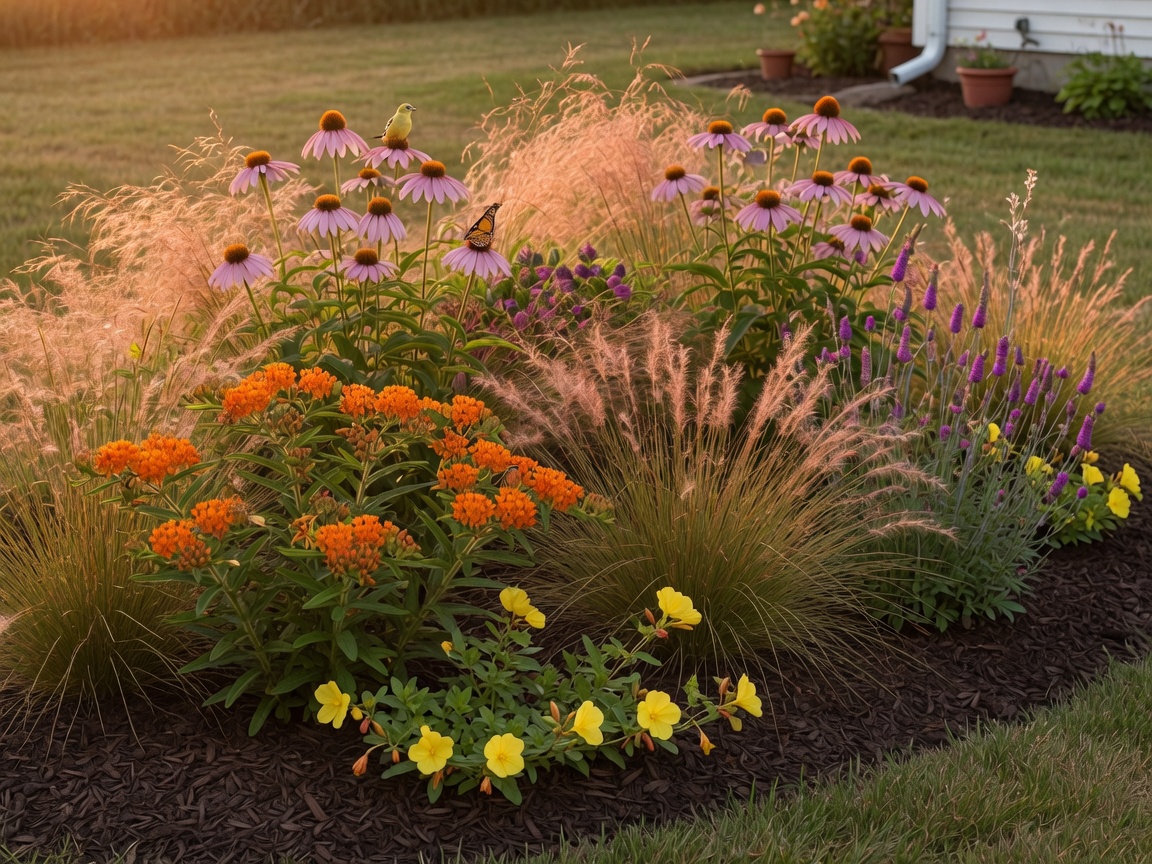 Close view of a designed native bed with layered Prairie Dropseed, Butterfly Milkweed, Pale Purple Coneflower and native grasses showing clean professional edges and healthy establishment