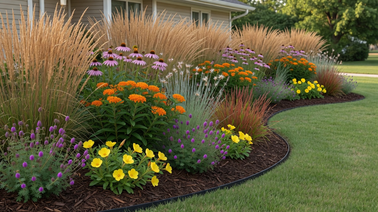 Professionally installed native plant bed featuring Prairie Dropseed, Butterfly Milkweed, Pale Purple Coneflower, Little Bluestem and Missouri Primrose in a designed Leavenworth County residential yard with clean mulch edges