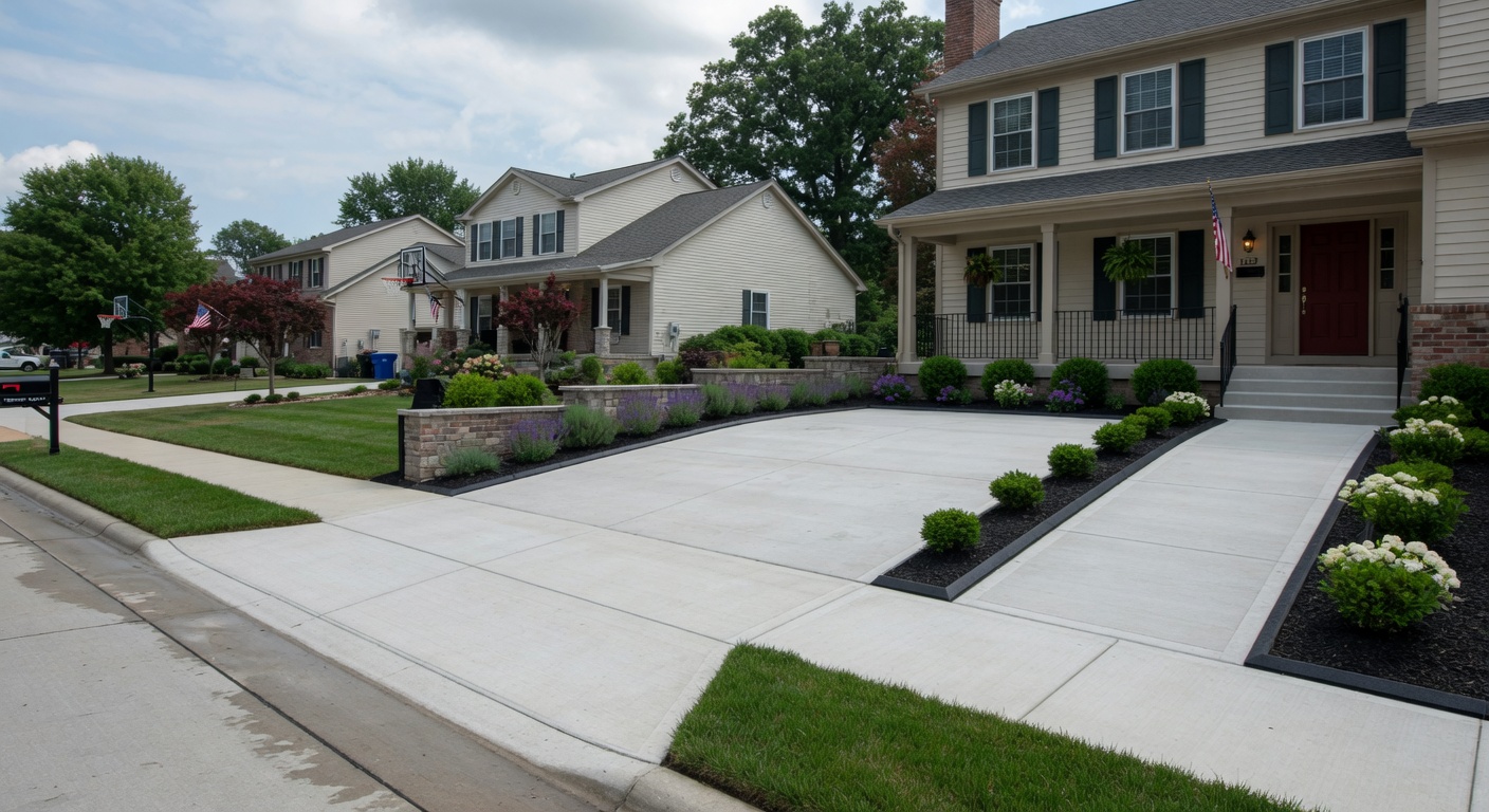 Freshly power washed clean concrete driveway and walkway leading to a well-maintained Midwest suburban home, dramatic improvement in curb appeal with bright restored hardscape surfaces